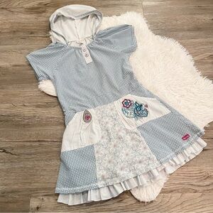 Naartjie Kids Girls Hooded Dress Blue Patchwork Embroidered Boho Ruffle 10Y